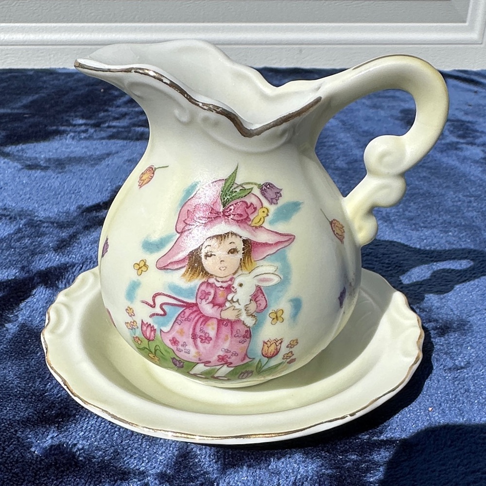 Antique (rare item!) Lefton Pink Floral Girl w/Rabbit Ceramic Pitcher & Saucer